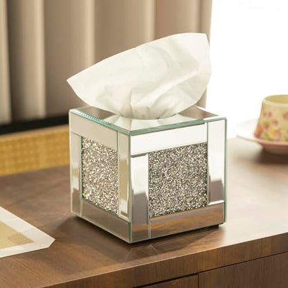 Mirrored Tissue Box Cover Holder, Square Glass Facial Tissue Holder with Crushed Diamond Crystals, Luxury Facial Paper Organizer Dispenser for Bathroom, Vanity Countertop, Tabletop, Silver