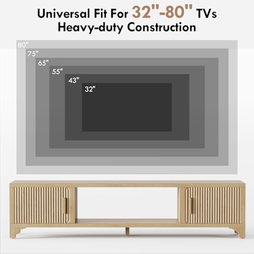 Fluted Oak TV Stands for 65/70/75 Inch TV, Boho Media Console for Living Room, TV Entertainment Center with Storage, Wood Television Cabinet for Bedroom