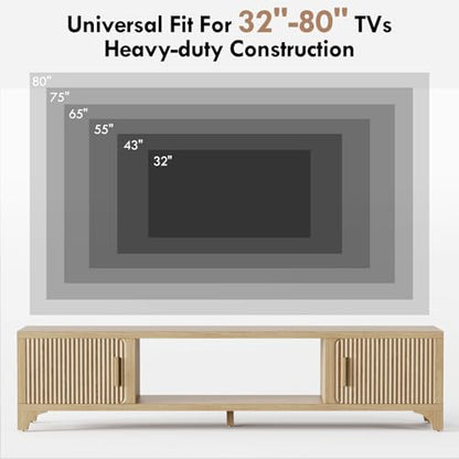Fluted Oak TV Stands for 65/70/75 Inch TV, Boho Media Console for Living Room, TV Entertainment Center with Storage, Wood Television Cabinet for Bedroom