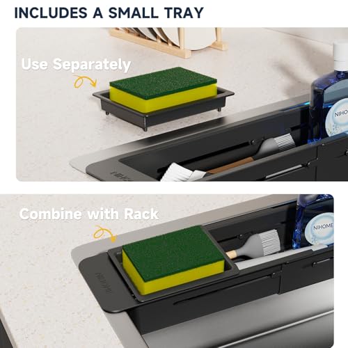 NiHome Extendable Kitchen Sink Caddy, Small Brush Sponge Storage Holder | Expandable Kitchen In Sink Organizer for Brush & Sponge with Drainage, Adjustable Length, Non-Slip Pads, Durable ABS (Black)