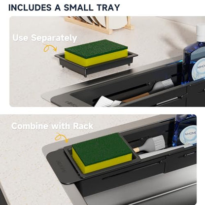 NiHome Extendable Kitchen Sink Caddy, Small Brush Sponge Storage Holder | Expandable Kitchen In Sink Organizer for Brush & Sponge with Drainage, Adjustable Length, Non-Slip Pads, Durable ABS (Black)