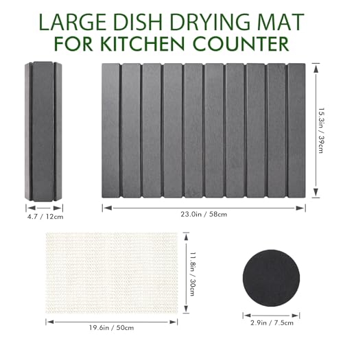 Stone Dish Drying Mat for Kitchen Counter,Large Dark Gray Foldable Diatomaceous Earth Dish Drying Mat,Quick-Dry Absorbent Bath & Countertop Stone Dishes Mats for Dishes Bottles Cups 23"x15.3"