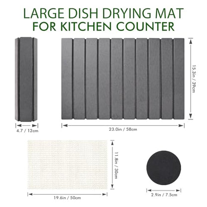 Stone Dish Drying Mat for Kitchen Counter,Large Dark Gray Foldable Diatomaceous Earth Dish Drying Mat,Quick-Dry Absorbent Bath & Countertop Stone Dishes Mats for Dishes Bottles Cups 23"x15.3"