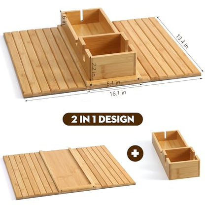Bamboo Couch Arm Tray with Detachable Cup Holder, 2 in 1 Foldable Anti-Falling Design for Cups, Snacks, Remote, Cellphone