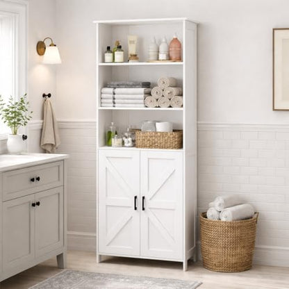 67" Tall Bathroom Storage Cabinet, Bathroom Floor Cabinet | Freestanding Farmhouse Cabinet with Doors and Adjustable Shelf, Linen Cabinet for Bathroom, Living Room, Laundry Room, White