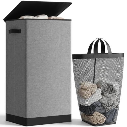 SOLEDI Laundry Hamper with Lid 100L Large & Tall Collapsible Laundry Basket, Clothes Hamper with Bag Removable Easy to Carry, Dirty Hampers for Bedroom, Bathroom, Dorm, College, Grey