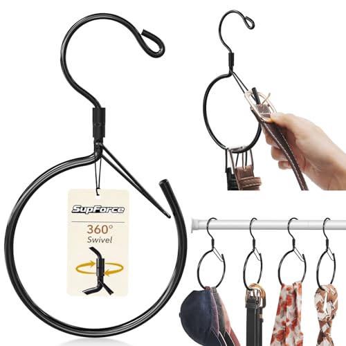 Supforce 4 Pack Belt Hanger, 360° Swivel Belt Organizer for Closet, Black | S Hook Design, Tangled Belt Relief, Drawer Clutter Control, No Drill Setup, Easy Access, Rust-Resistant, Bedroom/Dorm/RV Use