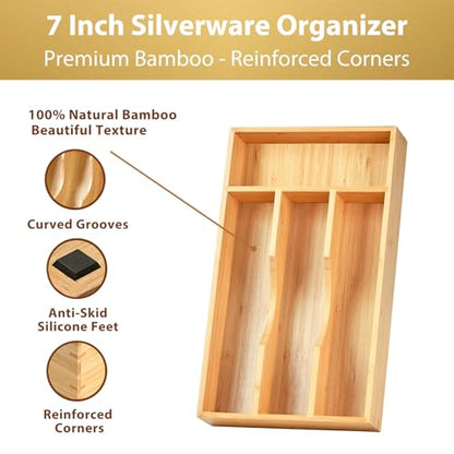 Bamboo Kitchen Drawer Organizer, 7 Inch Silverware Utensils Tray Holder for Small Drawer, Wood Caddy for Flatware Cutlery Knives