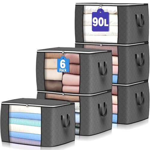 90L Large Storage Bags, 6 Pack Clothes Storage Bins Closet Organizers | Foldable Storage Containers, with Reinforced Handle, for Clothing, Blanket, Comforters, Bed Sheets, Pillows and Toys,Gray