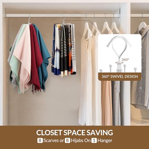 2 Pack Scarf Organizer Scarf Hanger for Closet, Rotatable Sturdy Hijab Holder Holds 16 Scarves, Metal Space Saving Closet Organizers and Storage, Silver