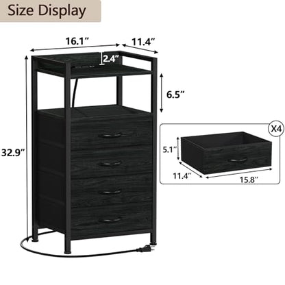 Night Stand with Charging Station,LED,Tall Bedside Table for Dorm | 4 Drawer Dresser for bedroom, with LED light & Remote Control, Fabric Bins and Metal Frame,Wood Desk Top,Easy Assemble,Black