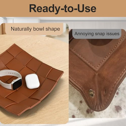 Valet Tray PU Leather Key Holder Bowl for Men Entryway Table Nightstand Desk Tray for Wallet, Keys Men's Gift - Brown & Black, 9.8" L x 9.8" W x 2" H