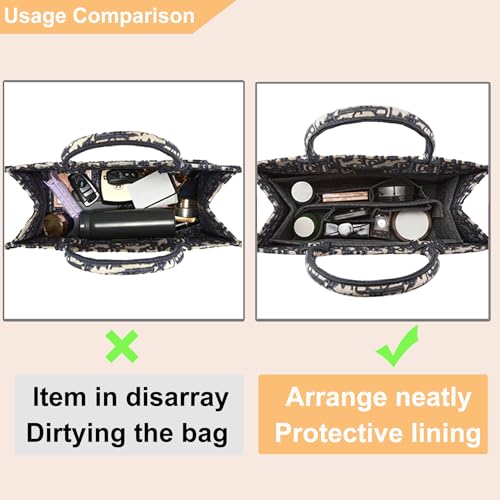Purse Organizer Insert for LV On The Go MM Dior Medium Book Tote,Gray | Felt Bag Organizer with Cover, 9 Sections, Zipper Pocket, Water Bottle Holder, Handbag Shaper, Keeps Shape, Easy Access