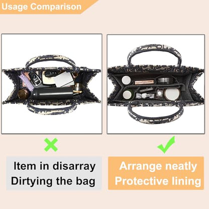 Purse Organizer Insert for LV On The Go MM Dior Medium Book Tote,Gray | Felt Bag Organizer with Cover, 9 Sections, Zipper Pocket, Water Bottle Holder, Handbag Shaper, Keeps Shape, Easy Access