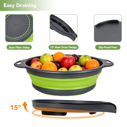 3-Pack Collapsible Colander for Kitchen with Self-Draining Base Foldable Strainers Set Round Silicone Food Drainer for Pasta Fruits and Vegetables (3QT, 4QT and 5QT)