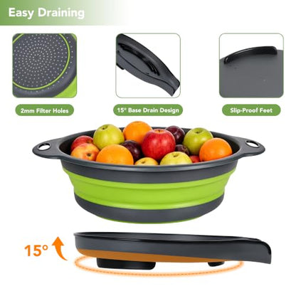 3-Pack Collapsible Colander for Kitchen with Self-Draining Base Foldable Strainers Set Round Silicone Food Drainer for Pasta Fruits and Vegetables (3QT, 4QT and 5QT)