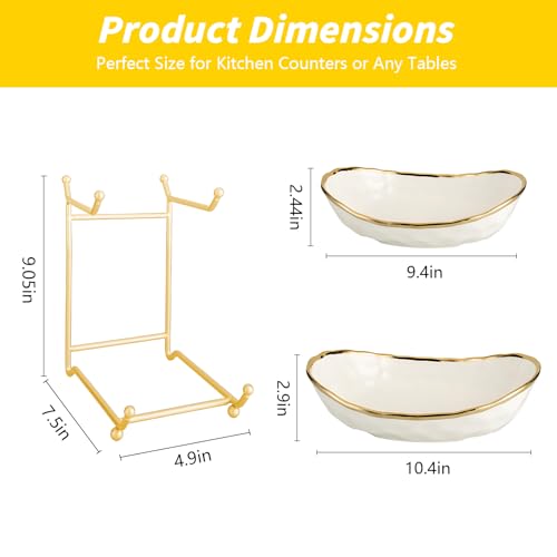 2 Tier Ceramic Fruit Bowl for Kitchen Counter with Metal Rack, Fruit Basket with Stand, Porcelain Bowls for Vegetable Bread Candy Snack Nuts Dessert Cake Tray (Gold 2 layer)
