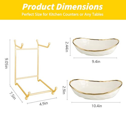 2 Tier Ceramic Fruit Bowl for Kitchen Counter with Metal Rack, Fruit Basket with Stand, Porcelain Bowls for Vegetable Bread Candy Snack Nuts Dessert Cake Tray (Gold 2 layer)