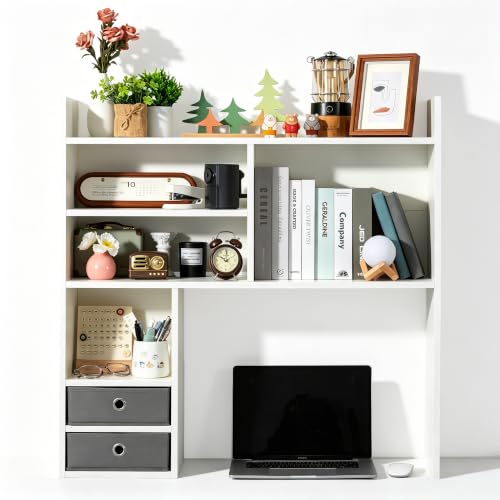 Desktop Bookshelf, High-Capacity Desk Hutch Organi... (Fashion White | Wood)