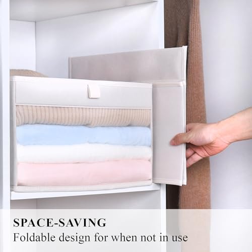 WUIKE Closet Storage Bins, Fabric Organizer Baskets with Clear Window and Handles, Foldable Storage for Shelves, Beige, Large, 3-Pack
