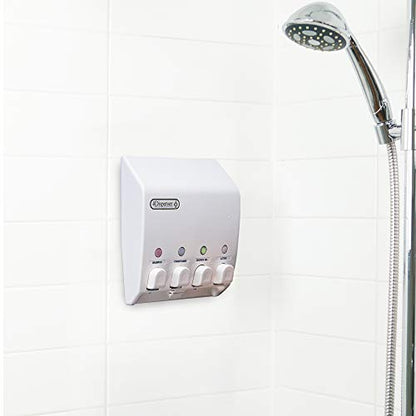 Better Living Classic Wall Mount Shower Dispenser, 4 x 14.5 oz, White | 4 Chamber, Shampoo, Conditioner, Body Wash and Soap Dispenser, No Drill Adhesive, 9.5" x 3" x 10.75"