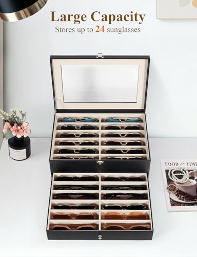 Sunglasses Storage Organizer Case with 24 Adjustable Slots, 2 Layer Multi Eyeglass Glasses Display Box with Lid Women