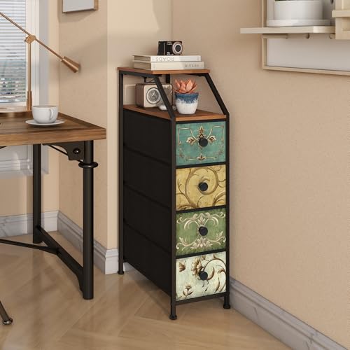 Narrow Dresser Tall Skinny Storage Tower Vertical Slim Chest of Drawers with Charging Station Small Nightstand Side Table for Bedroom, Bathroom, Small Spaces (Retro Flower, 4 Drawers)