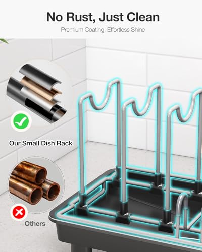 Small Dish Drying Rack Carbon Steel Dish Rack Rustproof for Kitchen Counter Compact Dish Drainer with Adjustable Slots for Small Kitchens & Apartments 16.5×6.5×7inch Black