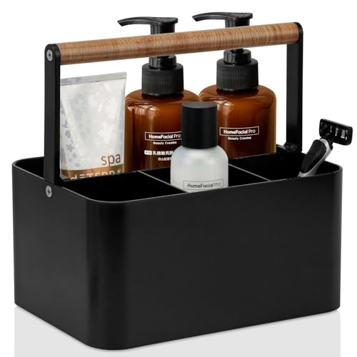 Portable Shower Caddy Dorm: Bathroom Caddy Organizer with Handle and Adjustable Dividers,Plastic Shower Basket for Toiletry,Makeup,Vanity,Shower Storage Tote for College, Cleaning Caddy, Black