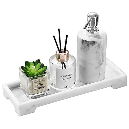 Luxspire Marble Tray for Soap Dispenser Perfume Jewelry, S, Marble White | 11 x 4 inch, non-slip waterproof resin, easy wipe clean, fits bath kitchen vanity, holds jewelry toiletries soap