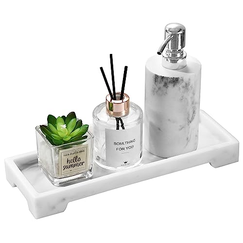 Luxspire Marble Tray for Soap Dispenser Perfume Jewelry, S, Marble White | 11 x 4 inch, non-slip waterproof resin, easy wipe clean, fits bath kitchen vanity, holds jewelry toiletries soap