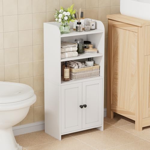 Homhedy Small Bathroom Storage Cabinet, Toilet Paper Storage Cabinet | Bathroom Floor Cabinet with Doors and Shelves, Bathroom Organizers for Small Spaces, 7.9" D x 14.6" W x 31" H, White