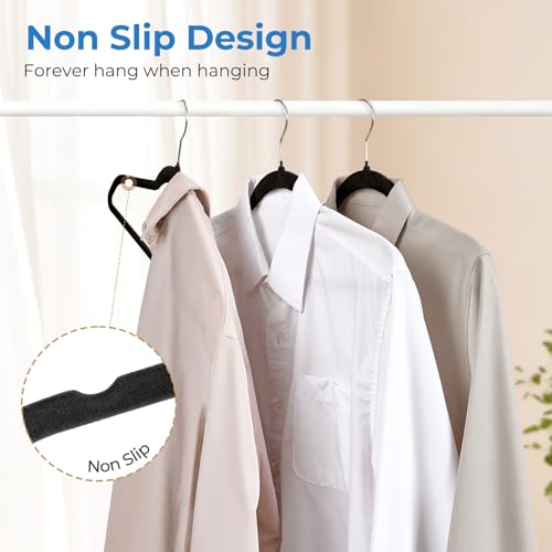 Black Velvet Hangers 50 Pack, Non Slip Space-Saving Clothes Hangers | Premium Slim Felt Hanger for Closet Organizers and Storage, Heavy Duty Hanger with Shoulder Notches and 360° Hooks for Coats
