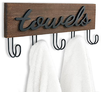 Mkono Wall Mounted Towel Rack, 5 Hooks Rustic Wood Bathroom Towel Hanger | Farmhouse Decor, Space Saving, Decorative Letter Design, Easy Install, Sturdy, Hang Bathrobe clothes, Shower Accessories