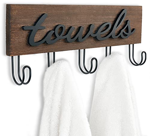 Mkono Wall Mounted Towel Rack, 5 Hooks Rustic Wood Bathroom Towel Hanger | Farmhouse Decor, Space Saving, Decorative Letter Design, Easy Install, Sturdy, Hang Bathrobe clothes, Shower Accessories