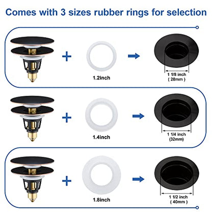Universal 3-in-1 Bathroom Sink Stopper - Pop Up Sink Drain Stopper, Push Button Sink Drain Stopper Replacement, Wash Basin Drain Filter Plug with Anti-Clogging Strainer, Oil Rubbed Bronze