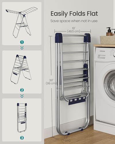 SONGMICS Clothes Drying Rack, Foldable Laundry Drying Rack, Blue | Sock Clips, Metal Clothes Airer with Height-Adjustable Gullwings, Space-Saving, Indoor Outdoor, ULLR505EQ01