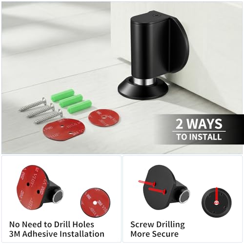 Magnetic Door Stoppers - Double Magnet Door Catch, Door Holder, | Stainless Steel Retractable Bottom of Door stop, Suits Gaps Within 1.5"Keep Door Open, No Drill 3M Adhesive & Screws-Black1Pc