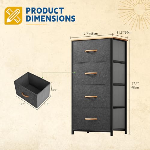 DWVO 4 Drawers Dresser, Small Dresser for Bedroom | Fabric Storage Tower, Organizer Unit for Closets, Living Room, Sturdy Steel Frame, Wooden Top, Easy Pull Handle