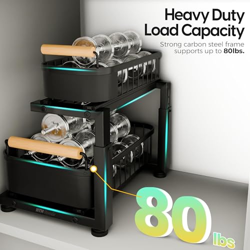 Premium Large Under Sink Organizer, 2-Tier Pull Out, Adjustable | Heavy-duty carbon steel, 7 adjustable heights and smooth ball-bearing sliding baskets for kitchen and bathroom cabinets