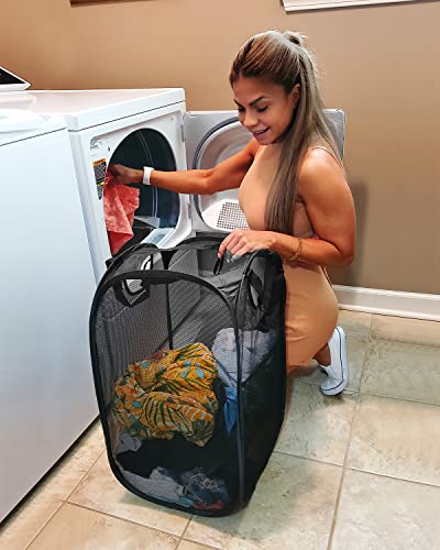 2 Pack Strong Mesh Pop Up Laundry Hamper, 70L Collapsible Laundry Basket with Steel Frame, Double‑Stitched Handles & Side Pocket, Foldable Dirty Clothes Hamper for Dorm, Bedroom, Black
