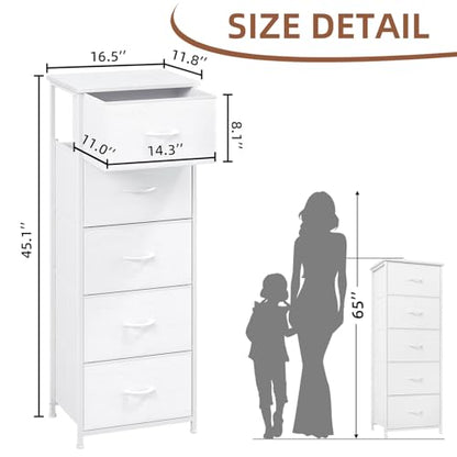 Somdot Tall Dresser for Bedroom, 5 Drawer Storage Cabinet, White | Fabric Dresser with Removable Bins, Steel Frame, Wood Top Home Furniture, Closet Organizer, Nursery, Dorm, Entryway Storage