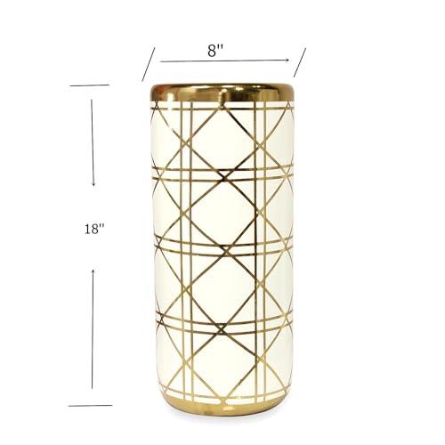 ZOEJADE 18”H Ceramic Umbrella Stand Modern Style Floor Vase for Entryway | Porcelain Umbrella Holder Contemporary Floor Vase for Storing Canes Walking Sticks for Entryway Indoor Home Decor White Gold