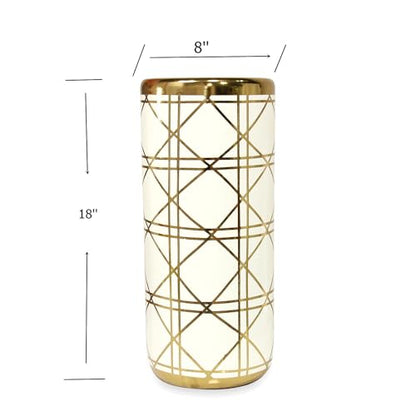 ZOEJADE 18”H Ceramic Umbrella Stand Modern Style Floor Vase for Entryway | Porcelain Umbrella Holder Contemporary Floor Vase for Storing Canes Walking Sticks for Entryway Indoor Home Decor White Gold