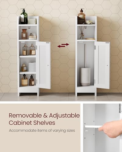 VASAGLE Small Storage Corner Floor Cabinet with Door, 7.9 x 7.1 x 31.5 Inches, Narrow Toilet Paper Storage Holder, Adjustable Shelves, for Bathroom, Living Room, Small Spaces, Cloud White UBBC310W01