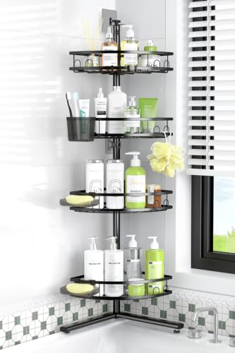 Standing Corner Shower Caddy - Rustproof Bathroom Shower Stand Shelf | 4-Tier No Drill Organizer with Adjustable Shelves for Tall Shampoo Bottles, Fits Renters Apartments Bathroom Bathtub