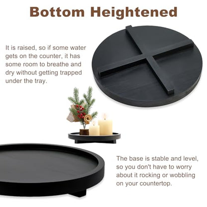 Black Round Decorative Wooden Tray for Bathroom Counter Table Trays Decor | Circle Wood Riser Kitchen Counter Soap Sink Vanity Trays Lazy Susan Candle Pedestal Stand Bandeja Decorativas Small Oil Tray