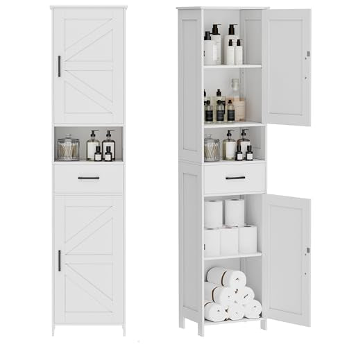 Homhedy 67" H Tall Bathroom Storage Cabinet with Barn Doors and Drawer | Narrow Storage Unit with Adjustable Shelves, Floor Cabinet for Bathroom, Living Room, Entryway or Kitchen, White, 15.7" W