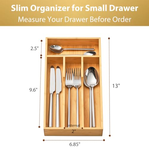 Bamboo Kitchen Drawer Organizer, 7 Inch Silverware Utensils Tray Holder for Small Drawer, Wood Caddy for Flatware Cutlery Knives