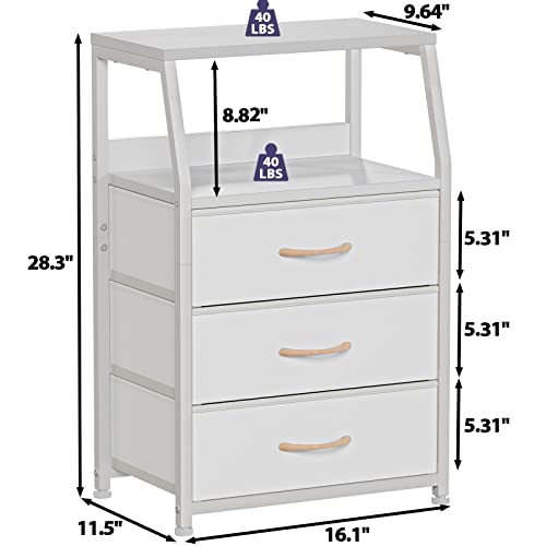 White Night Stand with 3 Fabric Drawers, Small Bedside Table | 2-Tier Shelf, Nightstand with Drawer for Bedroom, Storage Cabinet for Dorm, Closet, Living Room, Sturdy Steel Frame, Wood Top